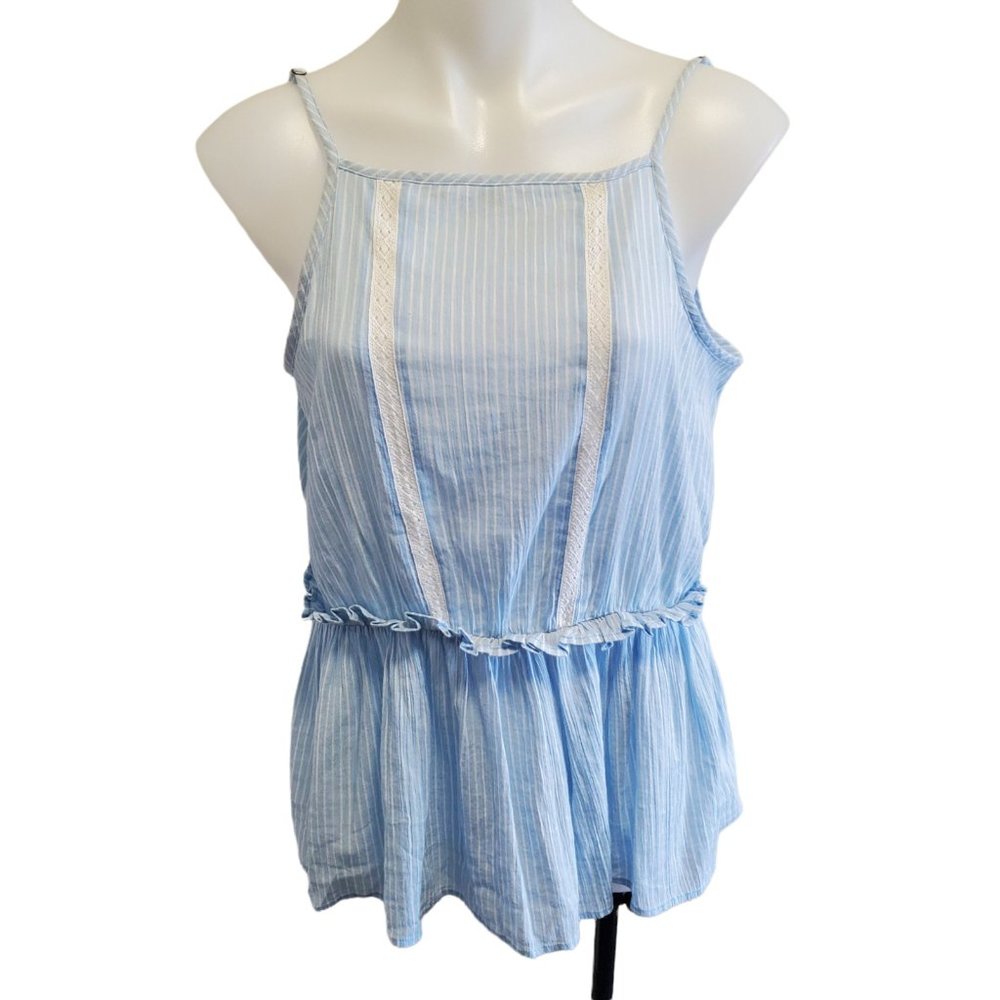 Hinge Cottagecore Cashmere Blue Atlantic Stripe Lace Trim Peplum Tank/Cami Med